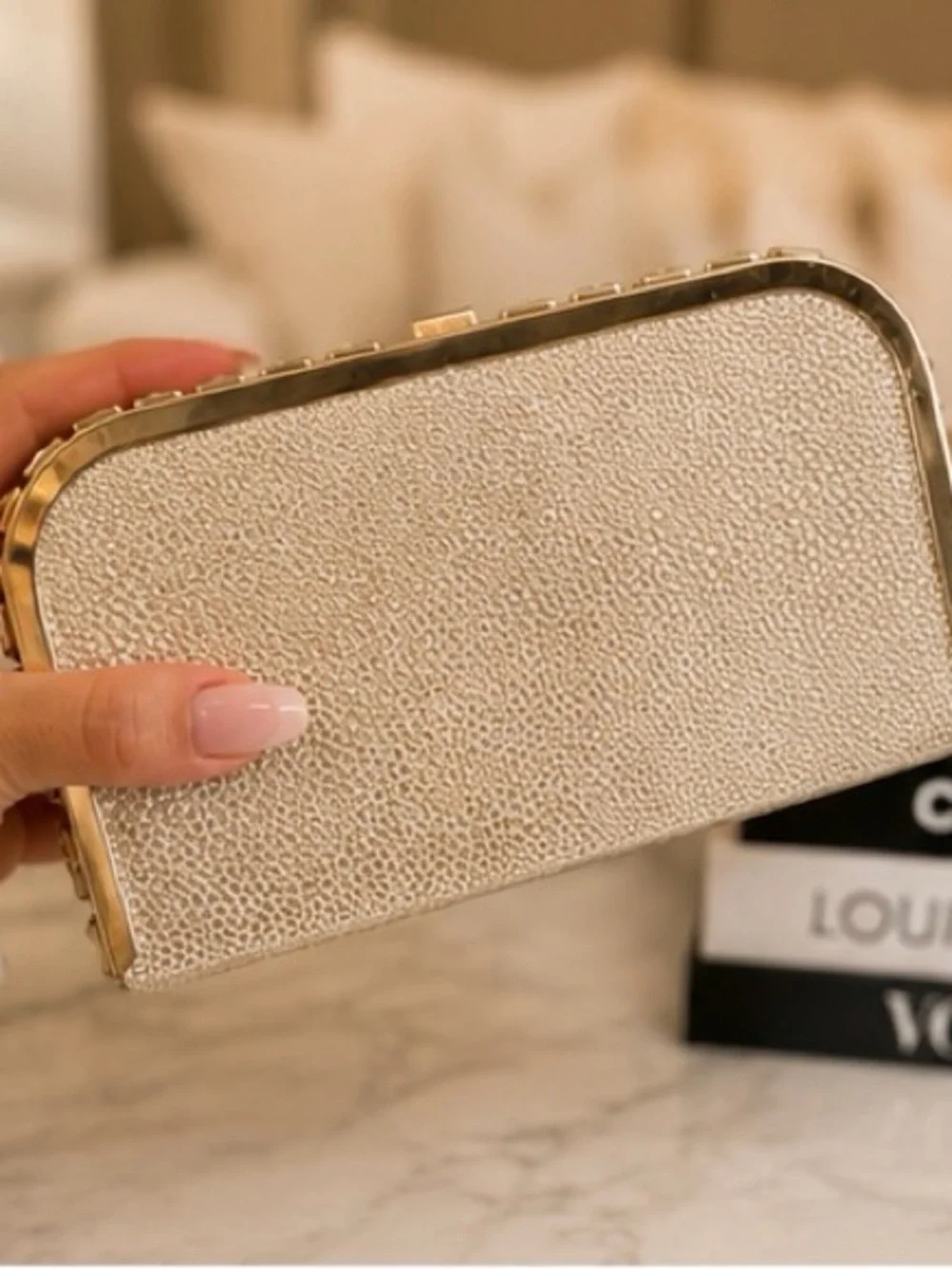 Gold-Trim Cream Pearl-Accent Crossbody Bag